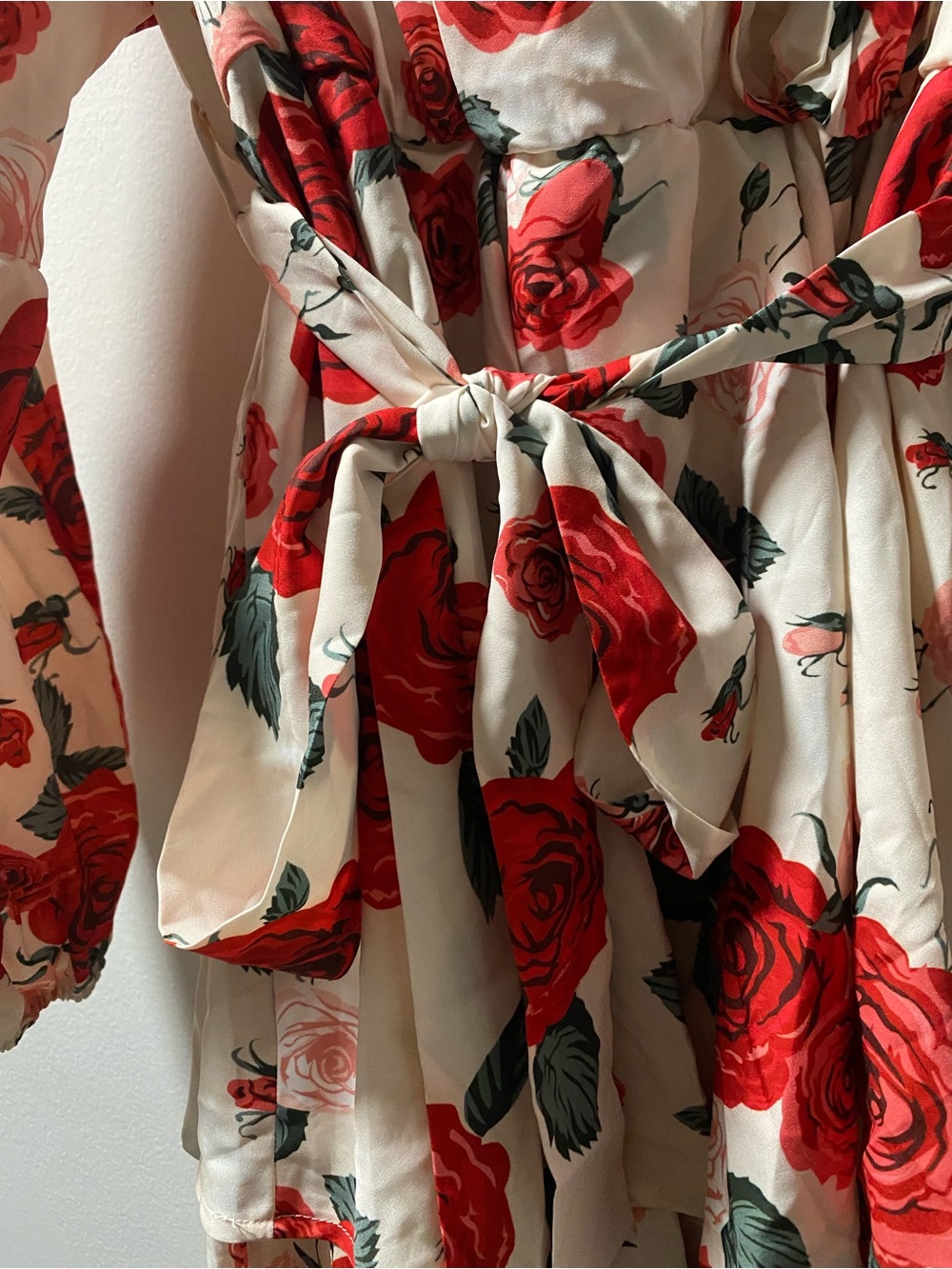 Tie-Waist Cream Long Sleeve Dress with Red Rose Print
